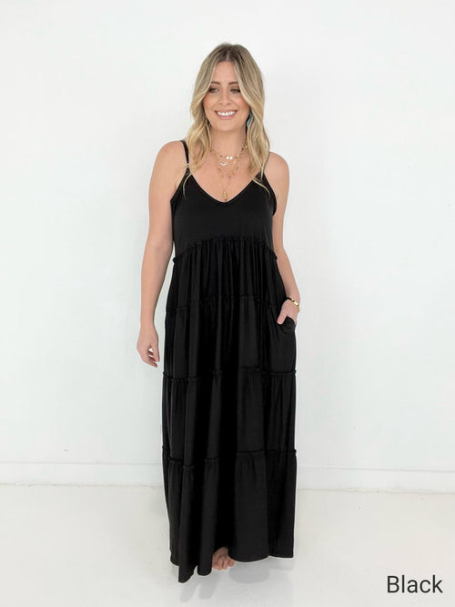 New Colors - Zenana V-Neck Cami Maxi Tiered Dress with Side Pockets