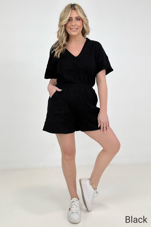 Zenana Drop Shoulder V-Neck Romper With Pockets