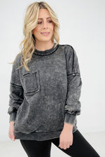 Zenana Acid Wash Raw Edge Front Pocket Pullover