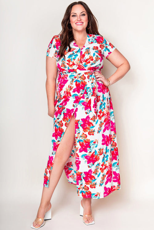 Plus Size Floral Print Folded Slit Dress