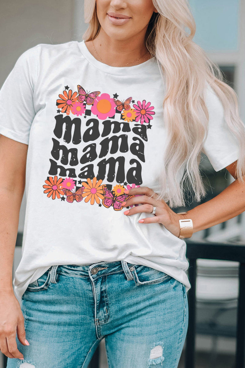 Mama Flower Graphic Print Short Sleeve T Shirt