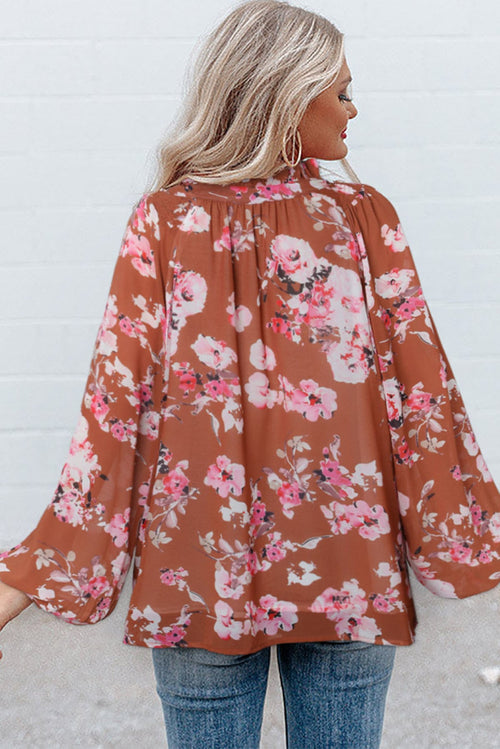 Split V Neck Bubble Sleeves Floral Top