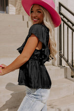 Pleated V Neck Tie Back Ruffle Top