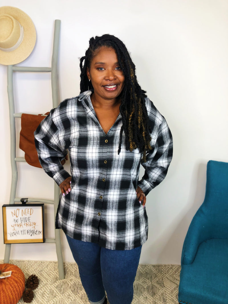 #K864 Time For Plaid Button Down Top (WHITE/BLACK)