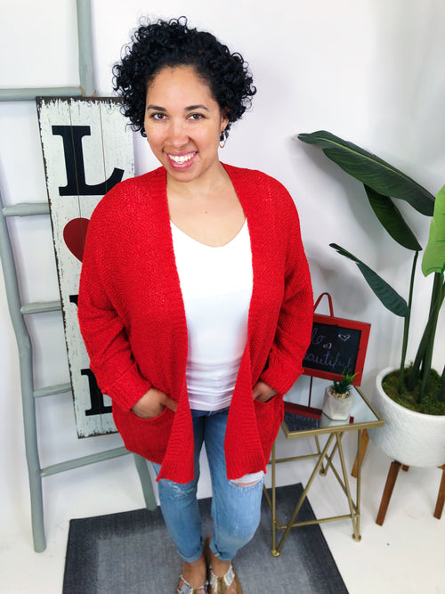 #M677 Knitted From The Heart Cardigan (Red)