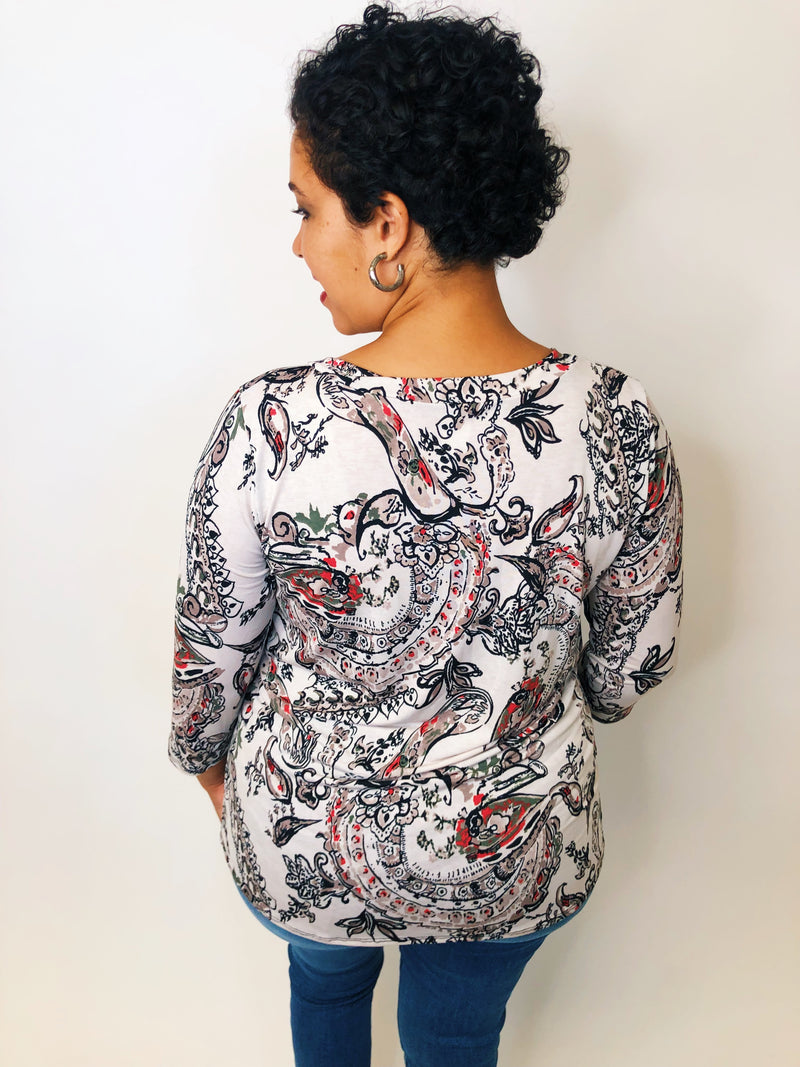 #K553 A Walk In A Paisley Dream Top (Taupe/Red)