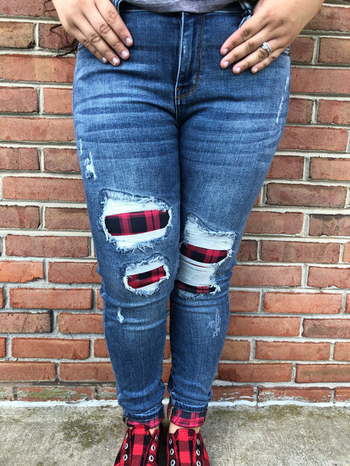 #D1 Buffalo Plaid Patch Judy Blue Cuffed Skinny Jeans