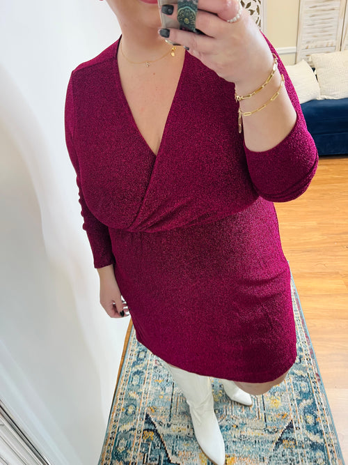 Only You Surplice Neck Sparkle Knit Dress In Magenta
