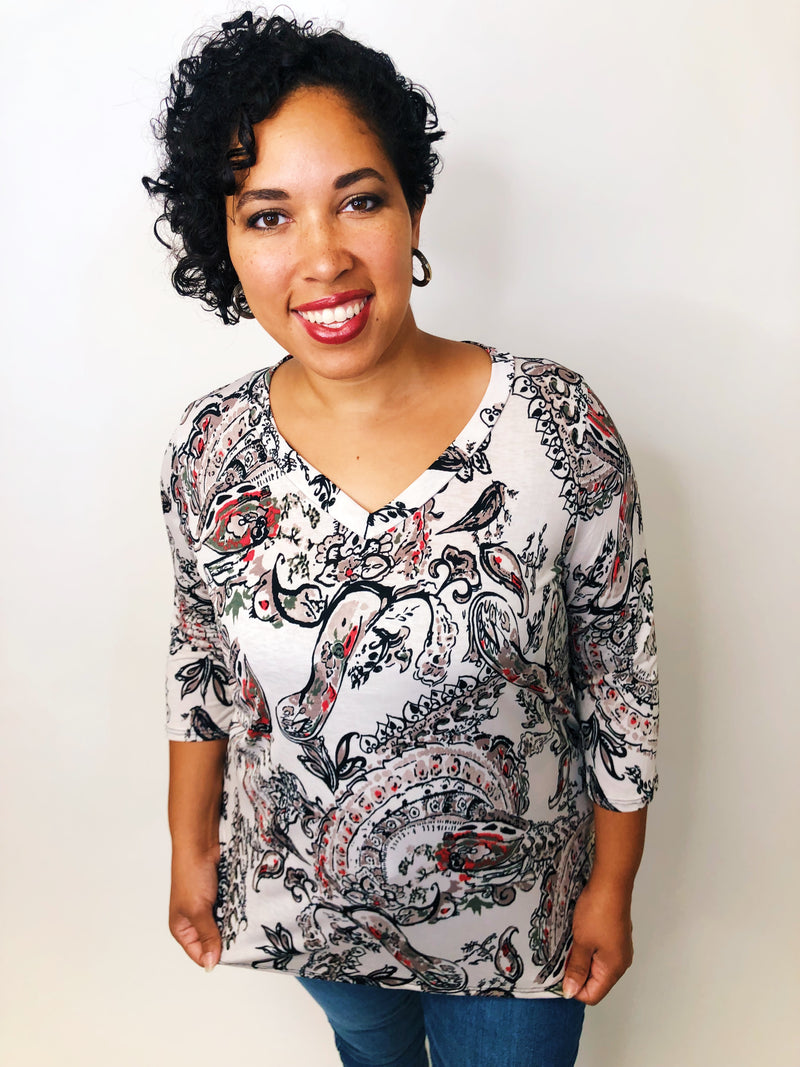 #K553 A Walk In A Paisley Dream Top (Taupe/Red)
