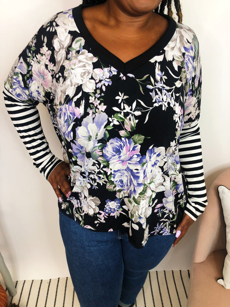 #K925 Illuminating Floral Stripes Dolman Top