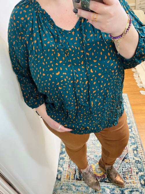 The Time Is Now Spotted Blouse In Teal