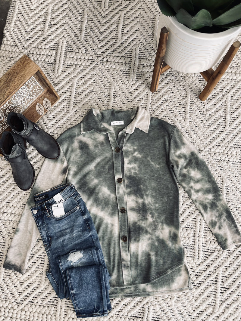 Speak My Peace Tie Dye Brushed Top in Vintage Olive
