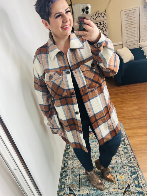 Jayne Brushed Plaid Button Down Shacket In Brown