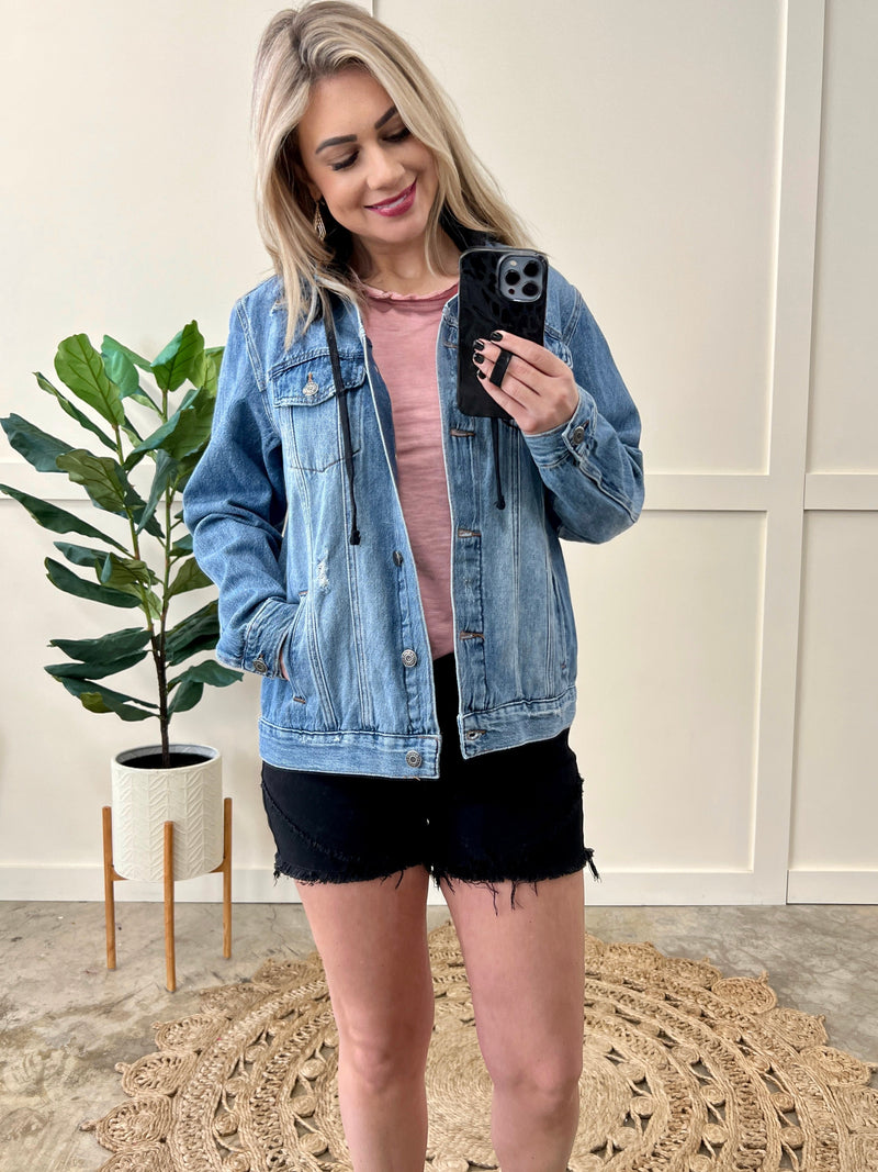 Denim jacket with online removable hood