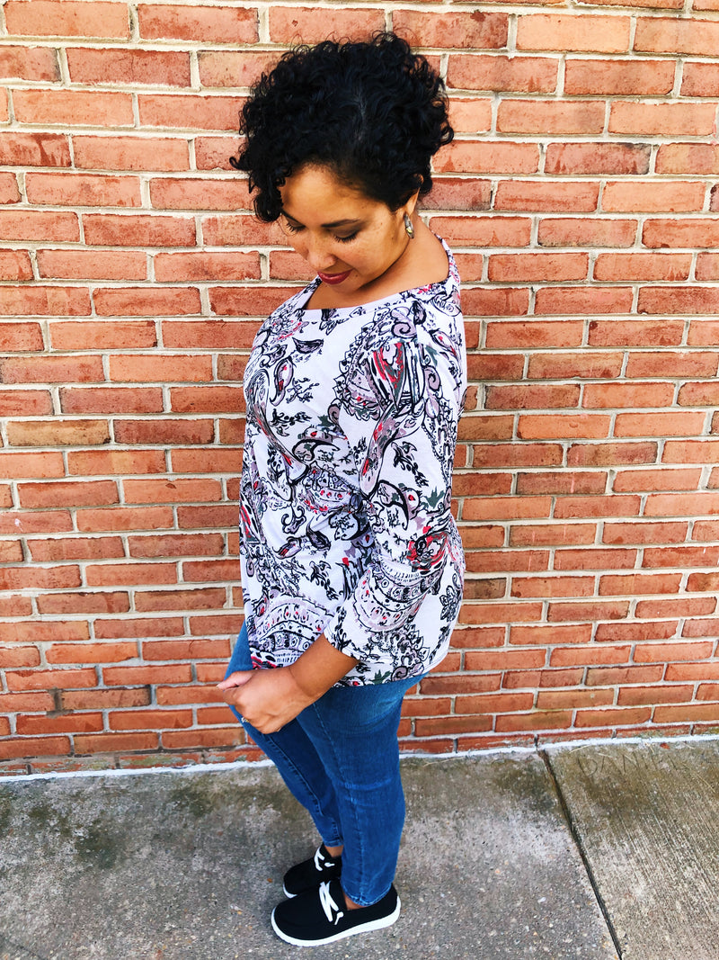#K553 A Walk In A Paisley Dream Top (Taupe/Red)