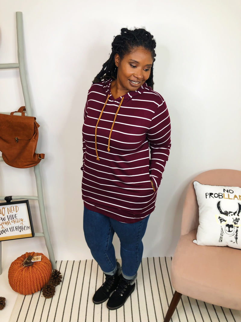 #K875 Stripe It Up Hoodie with Elbow Patches (WINE)
