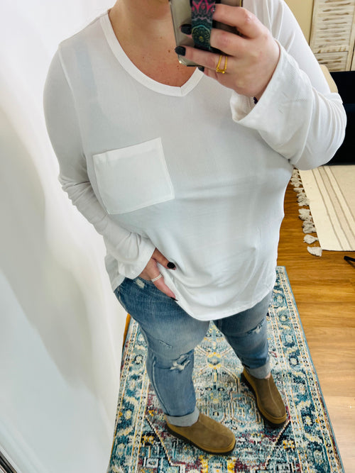 Soft Touch Ribbed V Neck Top With Chest Pocket In Simply White