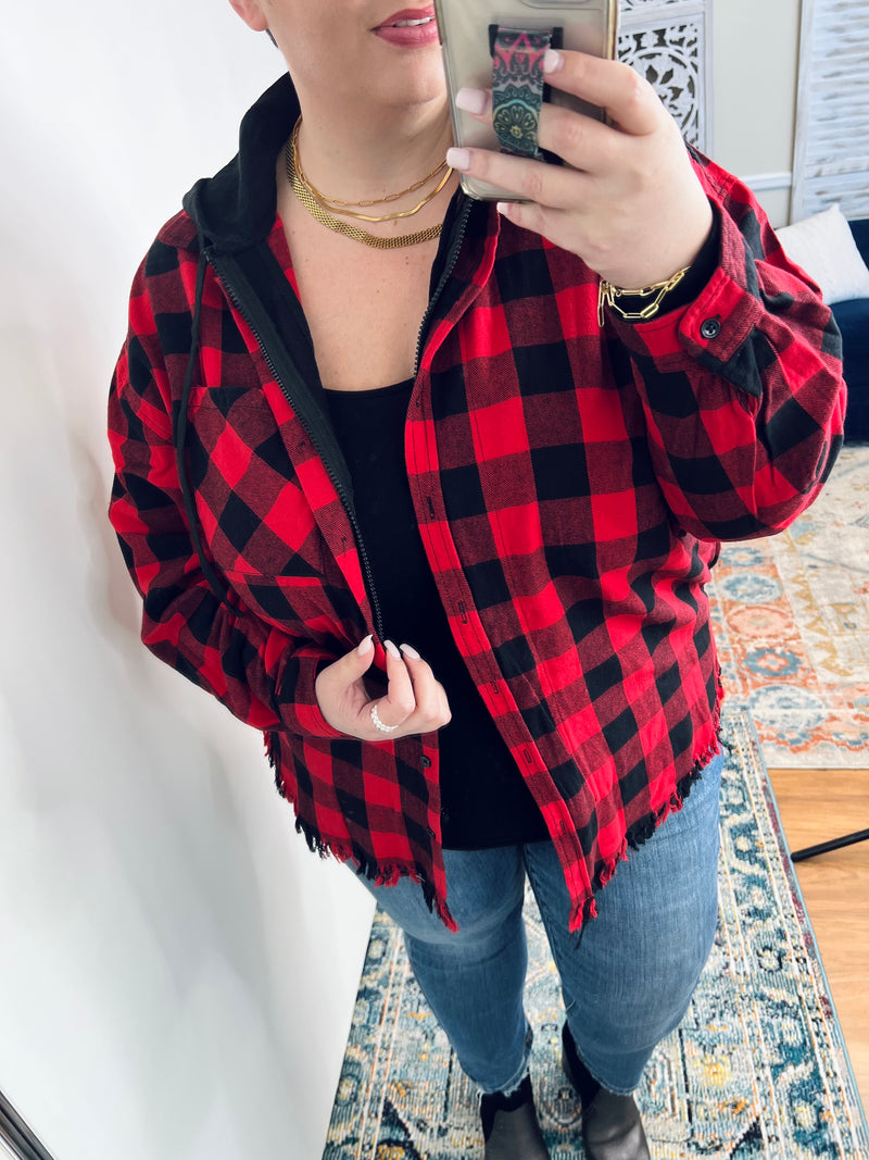 Weave It To Me Hooded Top In Red Buffalo Plaid By Risen