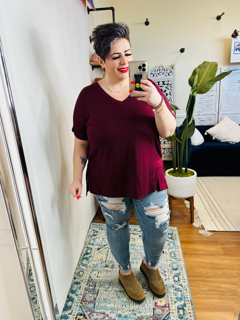 Let The Days Pass By Short Sleeve Top in Burgundy