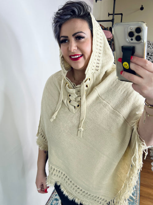 Lace Up Sweater Poncho In Vanilla