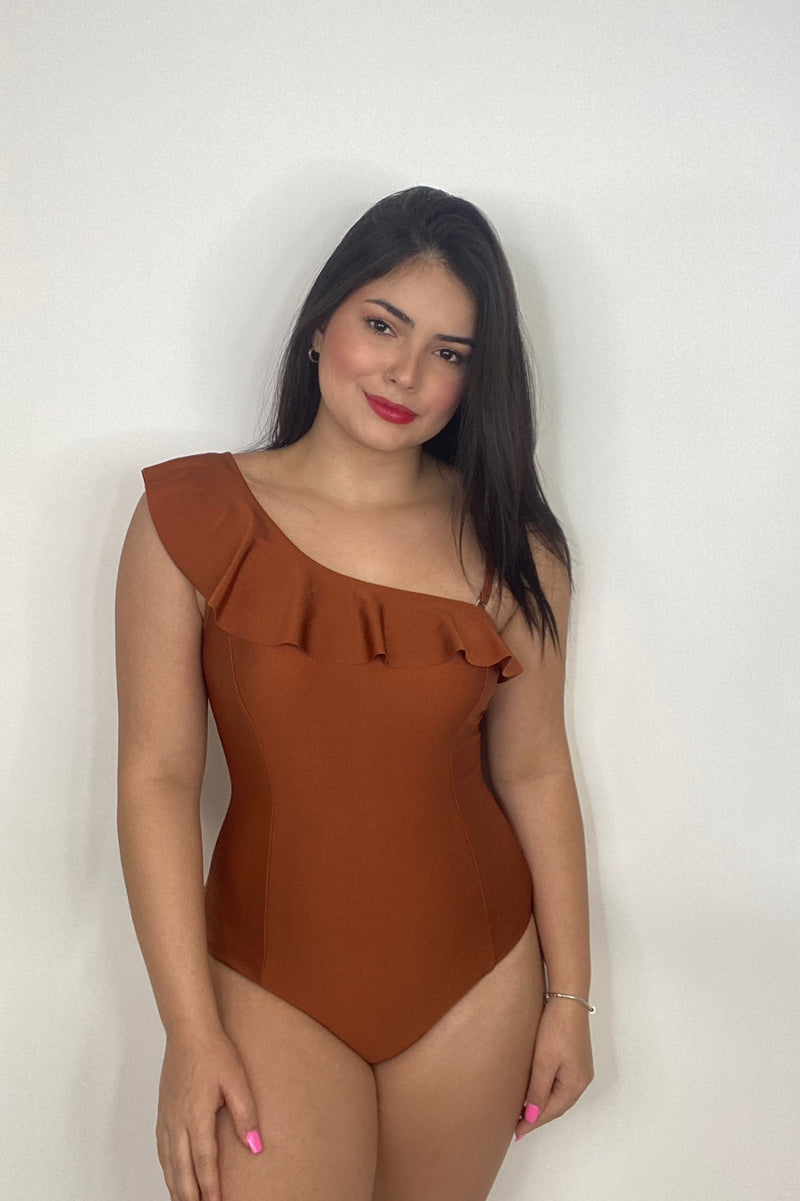 #P534 Serena Rust Off The Shoulder Swimsuit