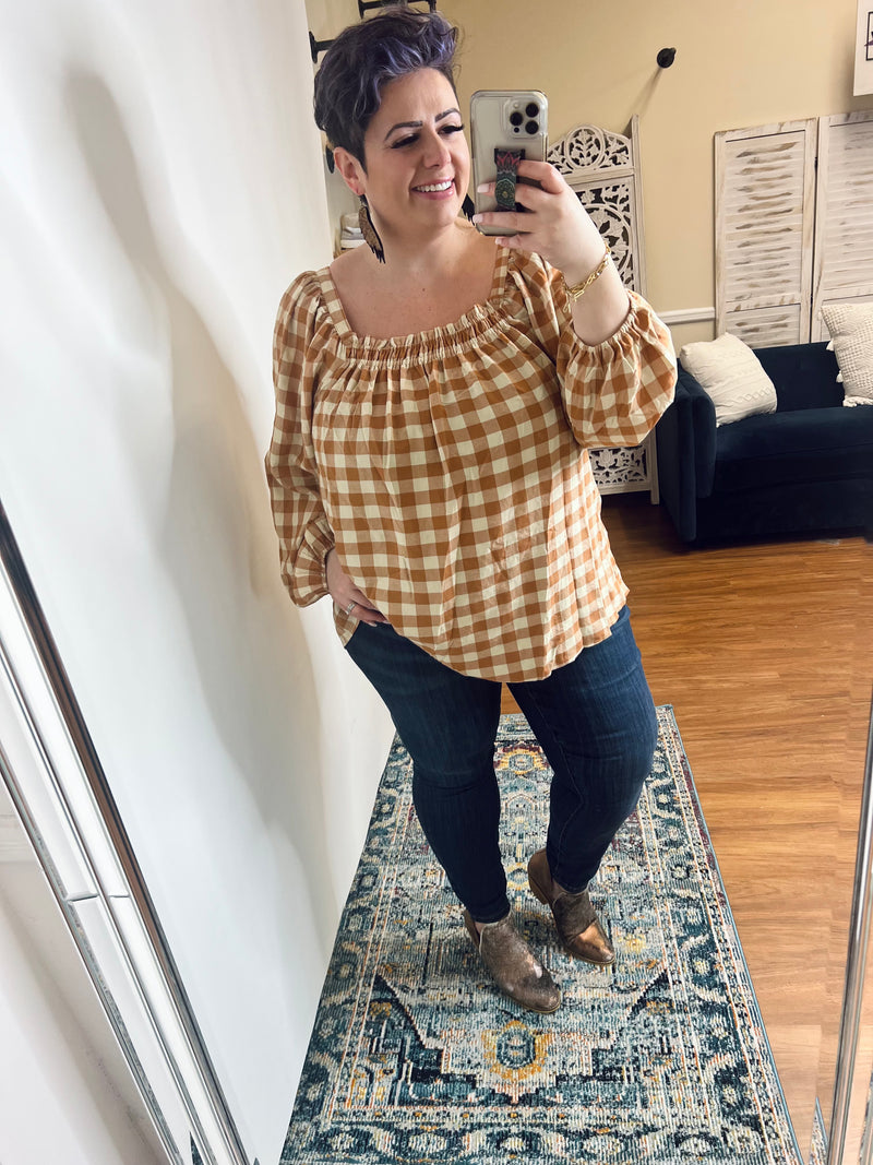 One Fine Afternoon Gingham Plaid Top In Caramel