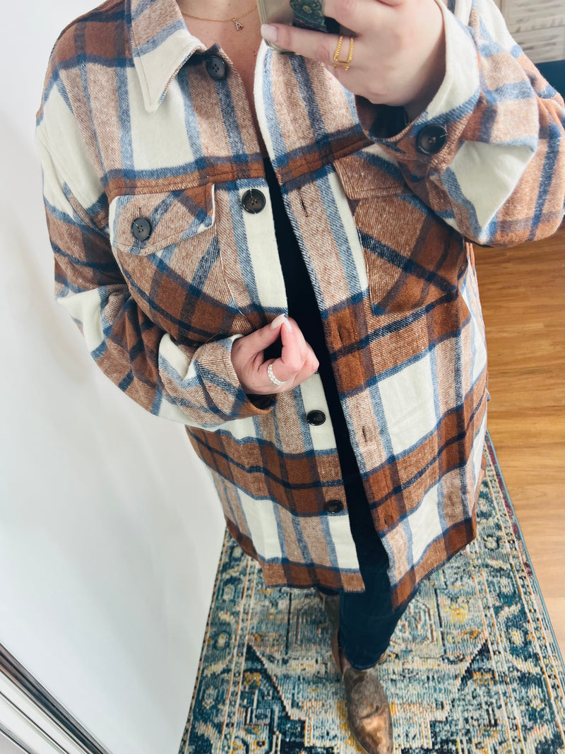 Jayne Brushed Plaid Button Down Shacket In Brown