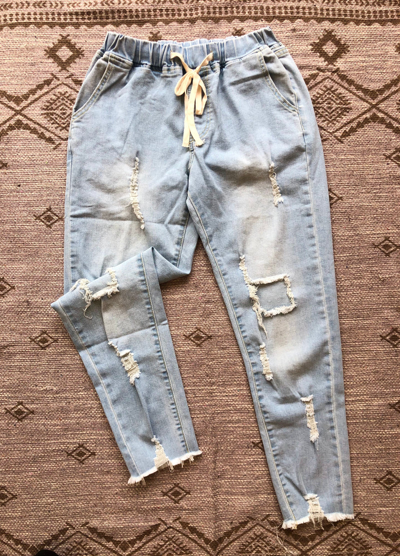 #B119 Summer Distressed Drawstring Jeans