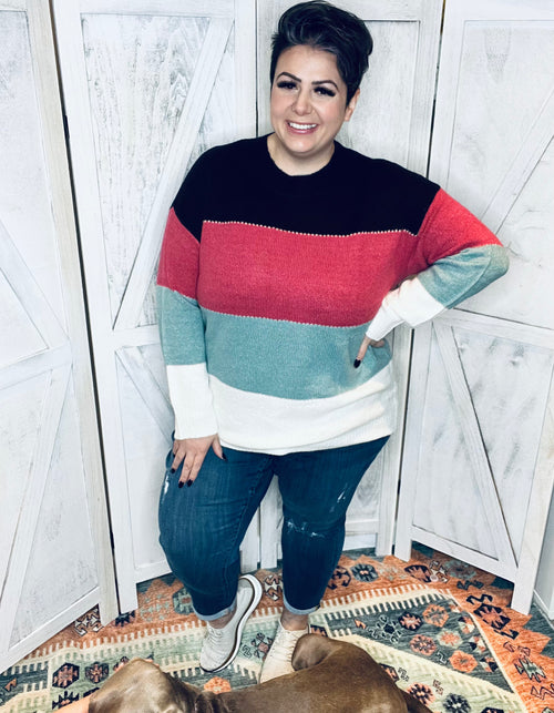 Color Blocked Striped Knit Sweater