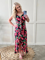 Ruffle Front Hi-Low Dress in Midnight Pink Florals